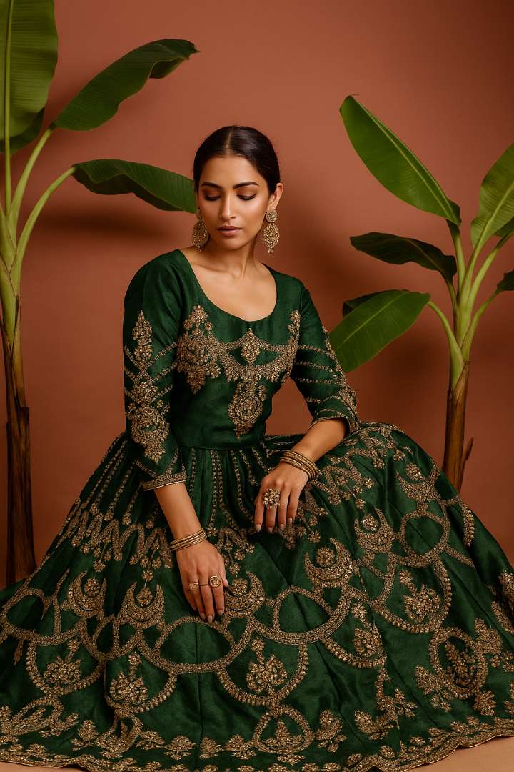 dark green raw silk lehnga with gotta design