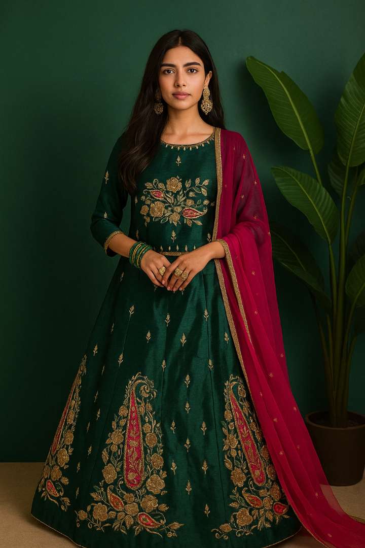dark green lehnga raw silk with gotta design