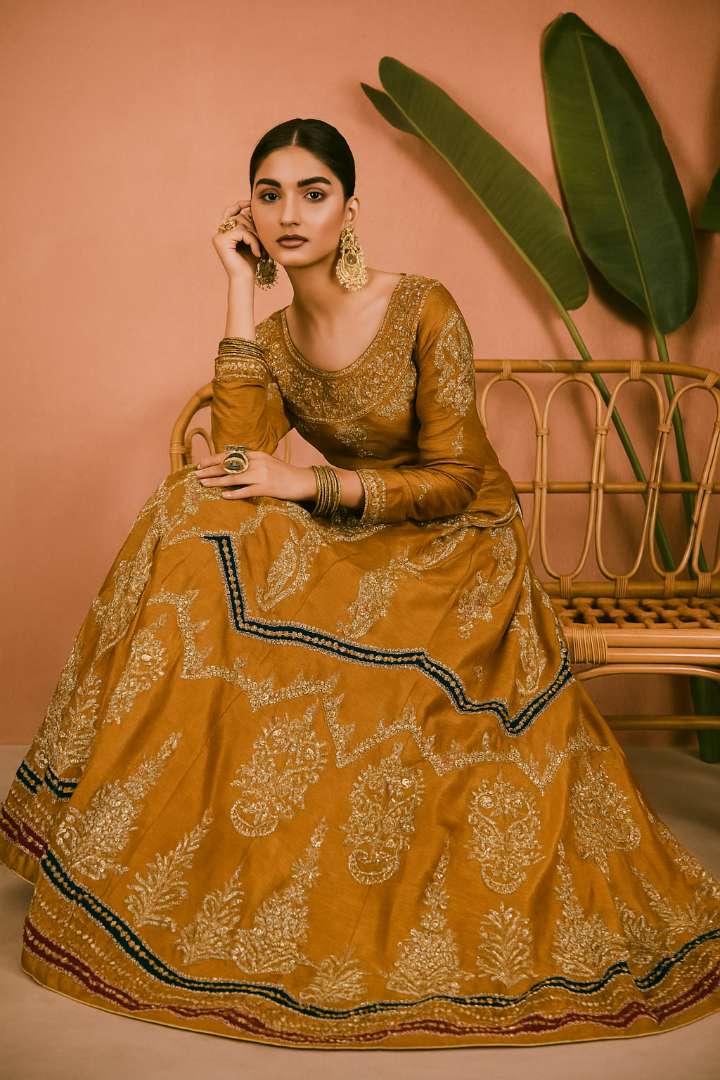 copper raw silk lehnga with gotta design