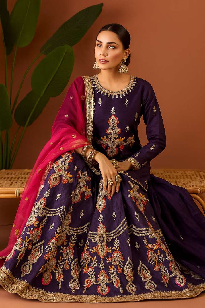 purple garara raw silk with gotta design