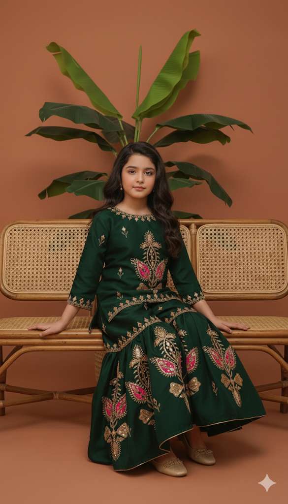 Dark green colour kids garara set with gotta work