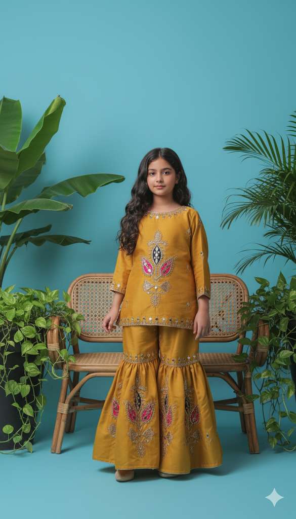 Mustard colour kids garara set with gotta work