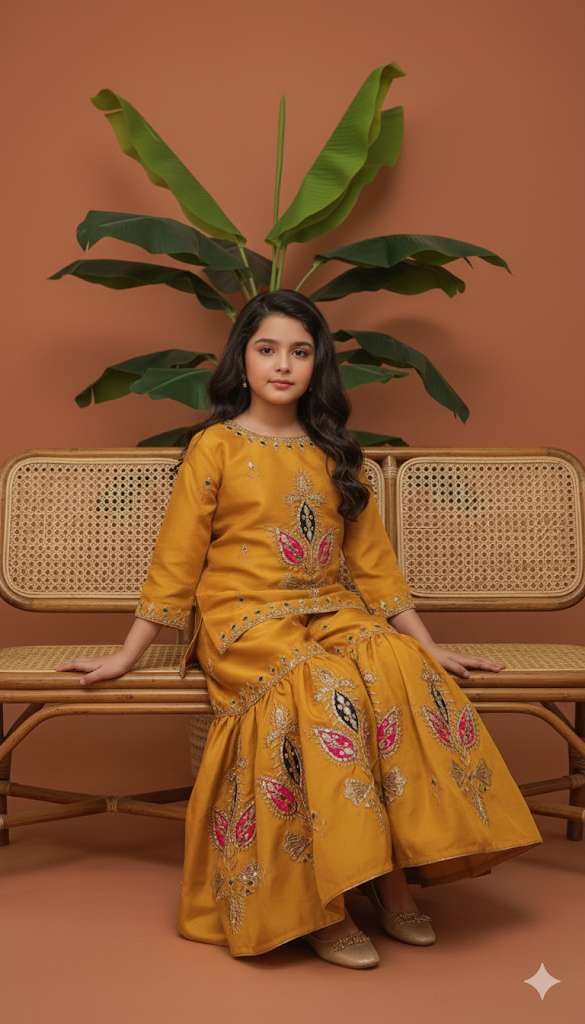 Mustard colour kids garara set with gotta work