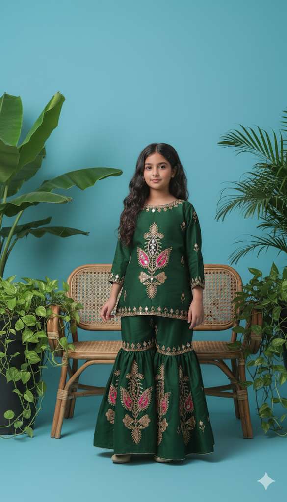 Dark green colour kids garara set with gotta work